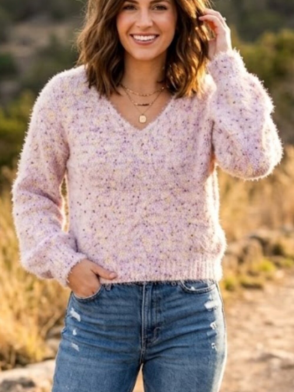 Wild Fable Soft Eyelash Knit Fuzzy Sweater Light Pink Yellow Flecks V-Neck